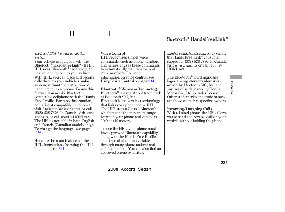 Bluetooth handsfreelink | HONDA 2008 Accord Sedan - Owner's Manual User Manual | Page 234 / 420