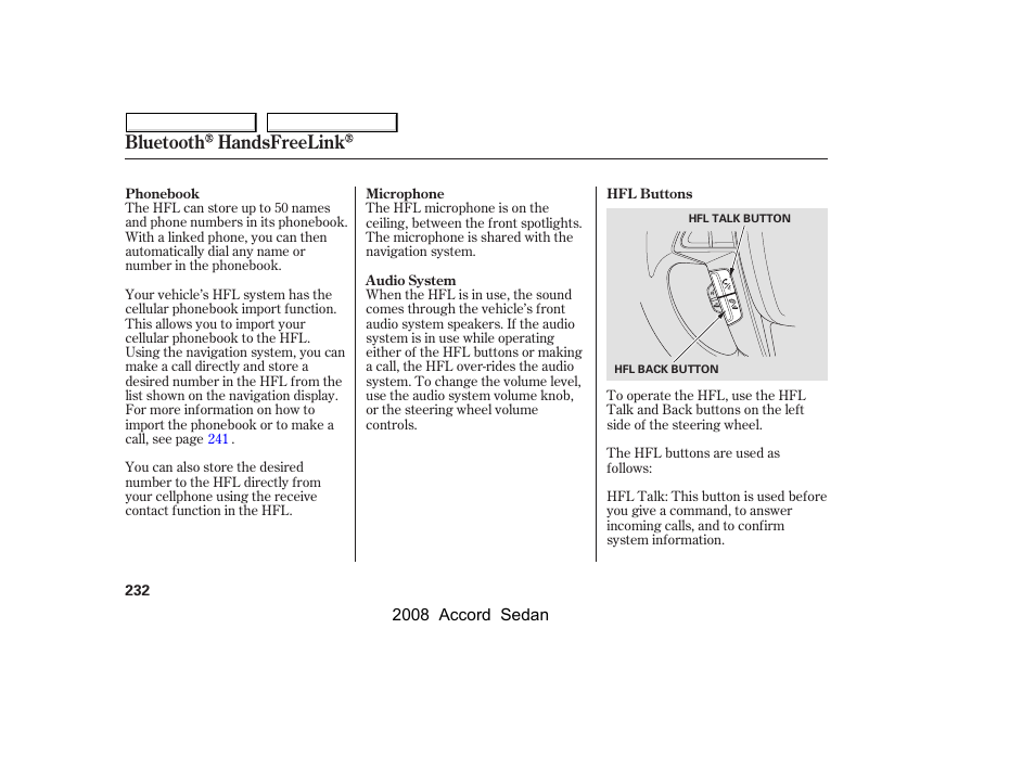 Bluetooth handsfreelink | HONDA 2008 Accord Sedan - Owner's Manual User Manual | Page 235 / 420