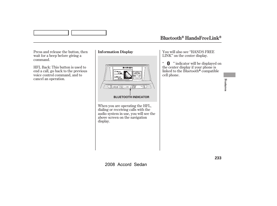 Bluetooth handsfreelink | HONDA 2008 Accord Sedan - Owner's Manual User Manual | Page 236 / 420