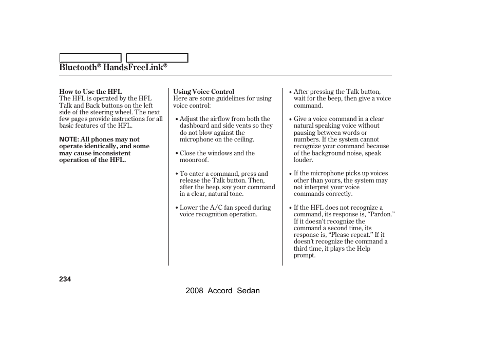 Bluetooth handsfreelink | HONDA 2008 Accord Sedan - Owner's Manual User Manual | Page 237 / 420