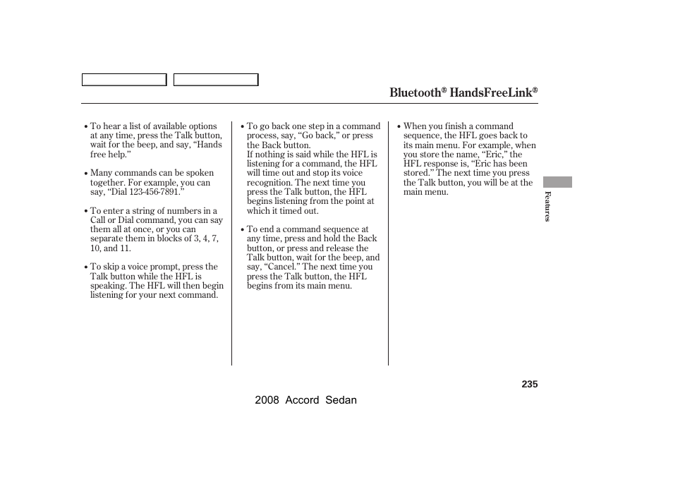 Bluetooth handsfreelink | HONDA 2008 Accord Sedan - Owner's Manual User Manual | Page 238 / 420