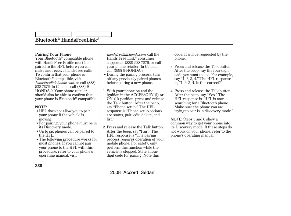 Bluetooth handsfreelink | HONDA 2008 Accord Sedan - Owner's Manual User Manual | Page 241 / 420