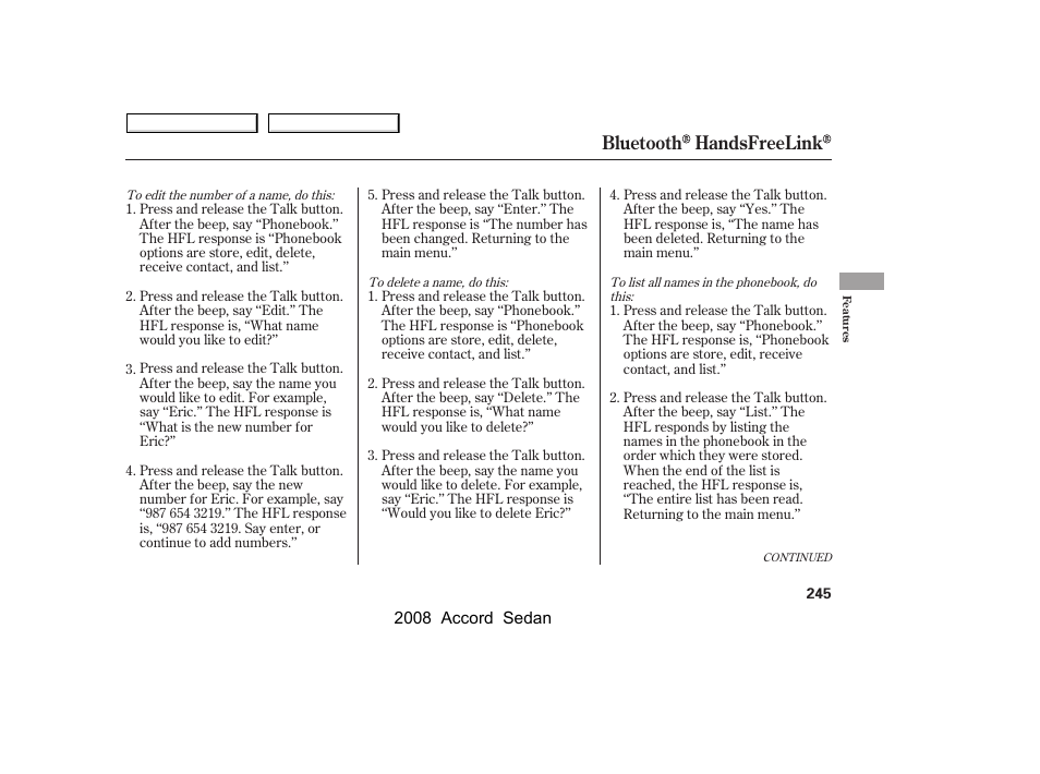 Bluetooth handsfreelink | HONDA 2008 Accord Sedan - Owner's Manual User Manual | Page 248 / 420