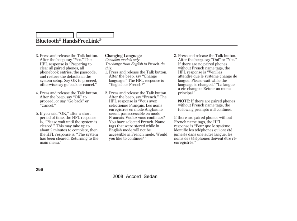 Bluetooth handsfreelink | HONDA 2008 Accord Sedan - Owner's Manual User Manual | Page 259 / 420