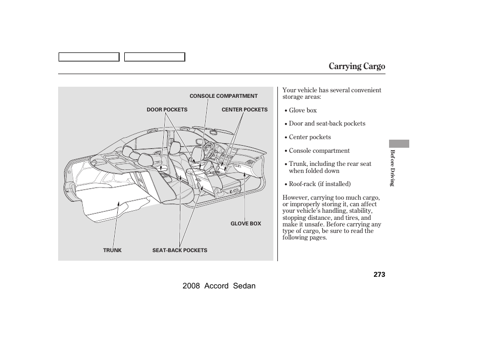 Carrying cargo, 2008 accord sedan | HONDA 2008 Accord Sedan - Owner's Manual User Manual | Page 276 / 420