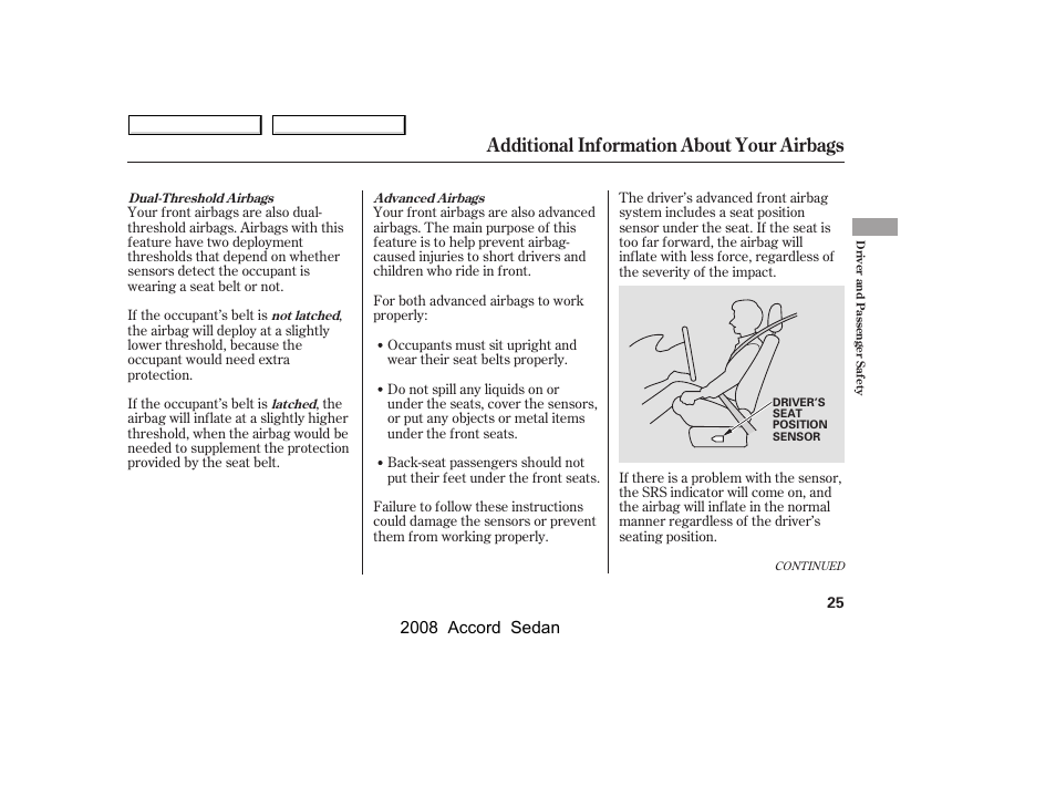 Additional information about your airbags, 2008 accord sedan | HONDA 2008 Accord Sedan - Owner's Manual User Manual | Page 28 / 420