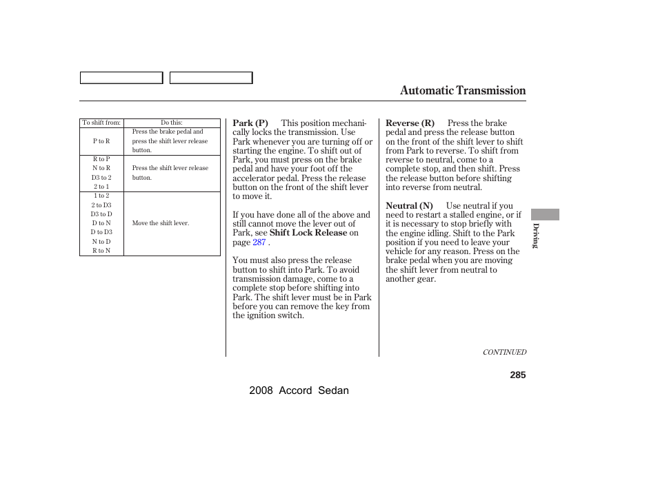 Automatic transmission, 2008 accord sedan | HONDA 2008 Accord Sedan - Owner's Manual User Manual | Page 288 / 420