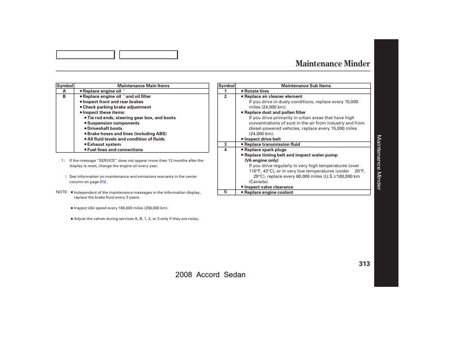 Maintenance minder, 2008 accord sedan | HONDA 2008 Accord Sedan - Owner's Manual User Manual | Page 316 / 420