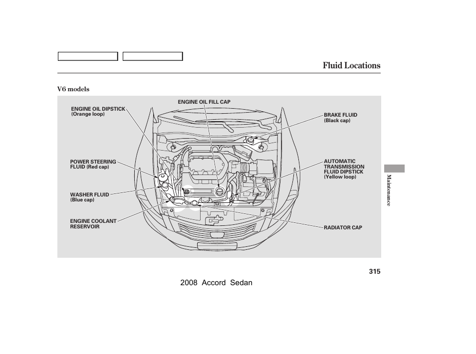 Fluid locations, 2008 accord sedan | HONDA 2008 Accord Sedan - Owner's Manual User Manual | Page 318 / 420