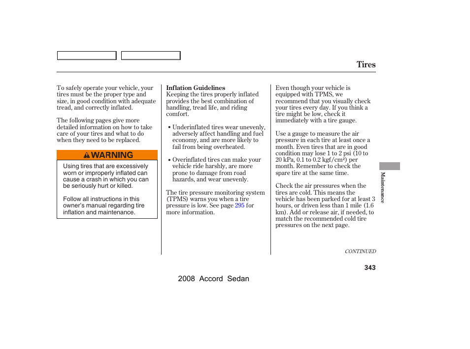 Tires | HONDA 2008 Accord Sedan - Owner's Manual User Manual | Page 346 / 420