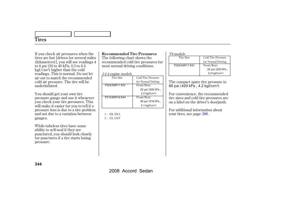 Tires, 2008 accord sedan | HONDA 2008 Accord Sedan - Owner's Manual User Manual | Page 347 / 420