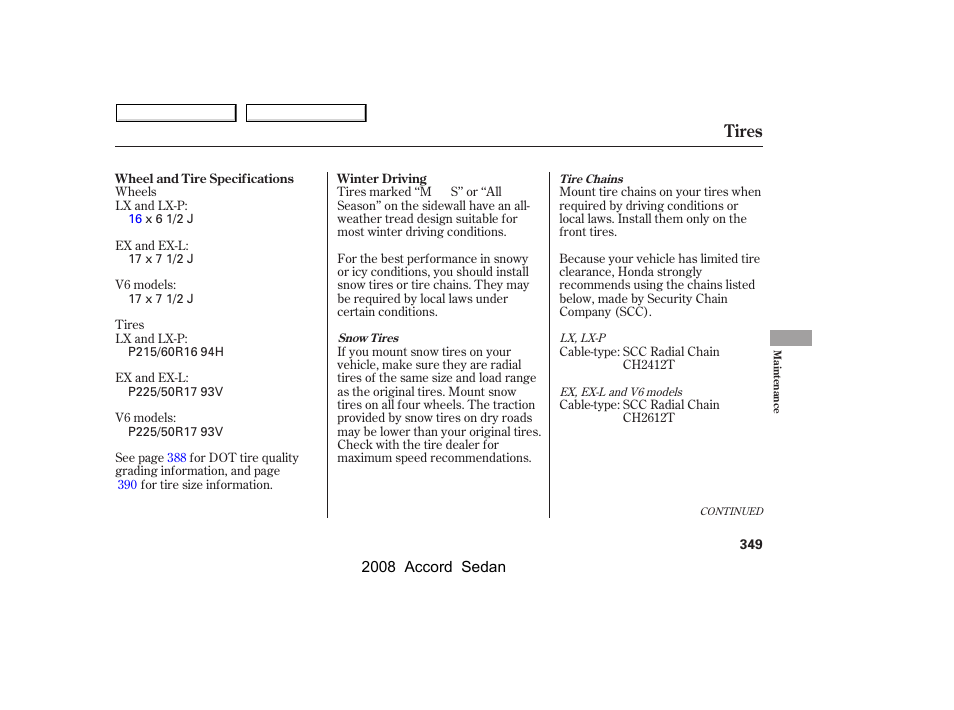 Tires | HONDA 2008 Accord Sedan - Owner's Manual User Manual | Page 352 / 420