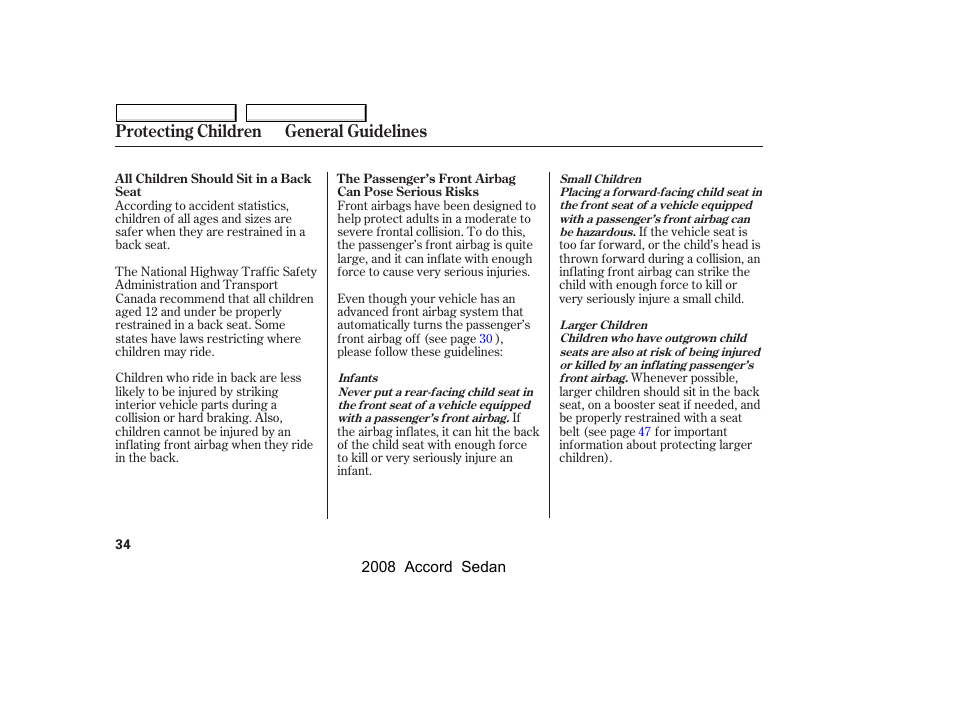 Protecting children general guidelines | HONDA 2008 Accord Sedan - Owner's Manual User Manual | Page 37 / 420