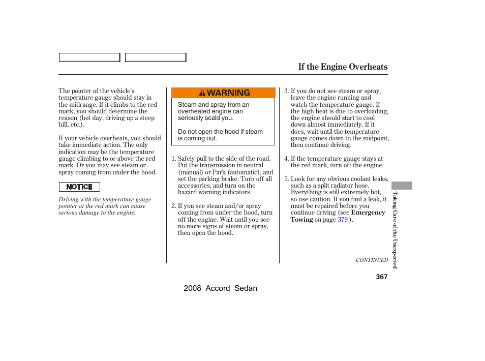 If the engine overheats, 2008 accord sedan | HONDA 2008 Accord Sedan - Owner's Manual User Manual | Page 370 / 420