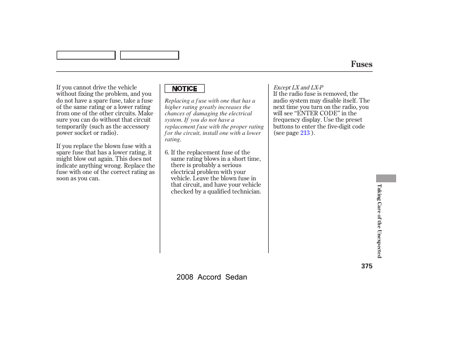 Fuses, 2008 accord sedan | HONDA 2008 Accord Sedan - Owner's Manual User Manual | Page 378 / 420