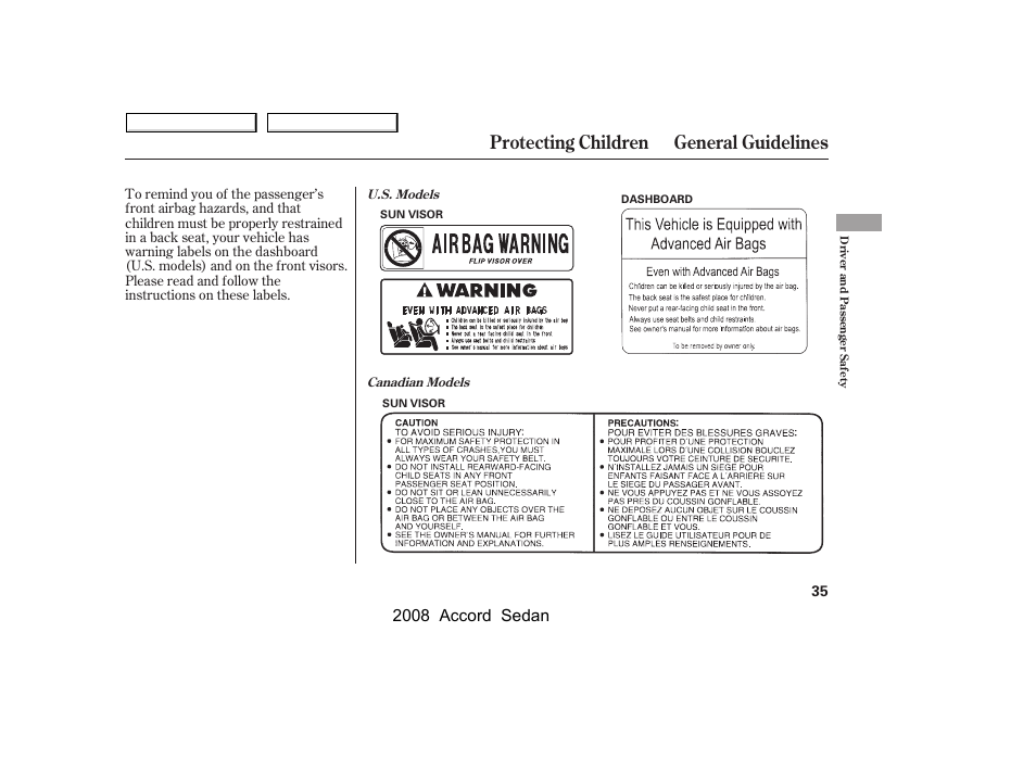 Protecting children general guidelines, 2008 accord sedan | HONDA 2008 Accord Sedan - Owner's Manual User Manual | Page 38 / 420