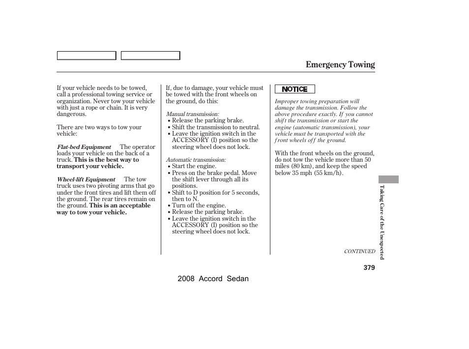 Emergency towing, 2008 accord sedan | HONDA 2008 Accord Sedan - Owner's Manual User Manual | Page 382 / 420