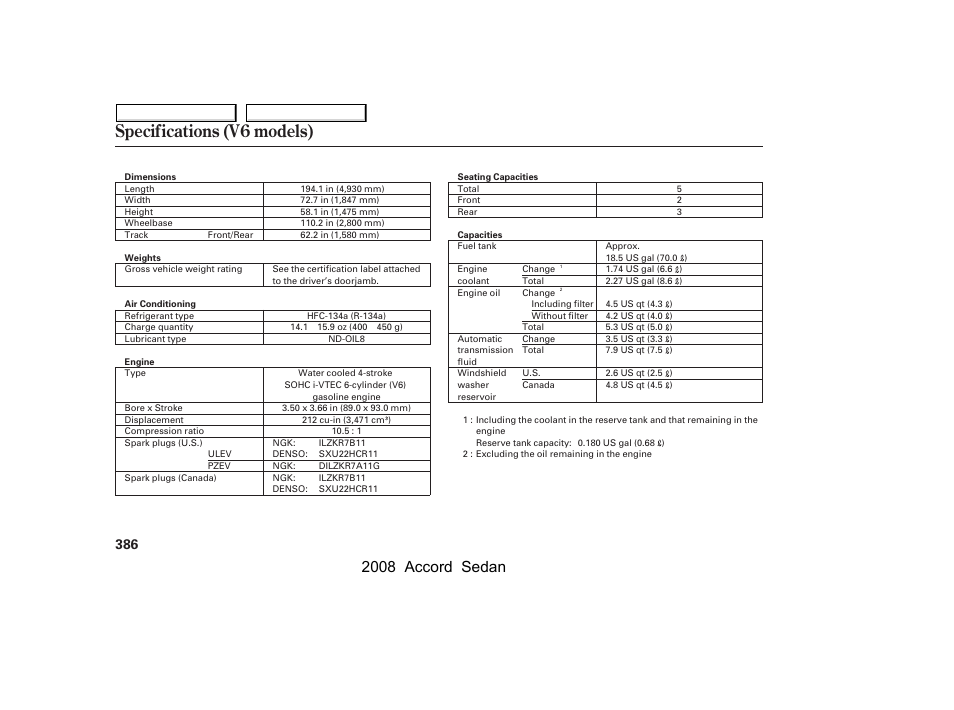 Specifications (v6 models), 2008 accord sedan | HONDA 2008 Accord Sedan - Owner's Manual User Manual | Page 389 / 420