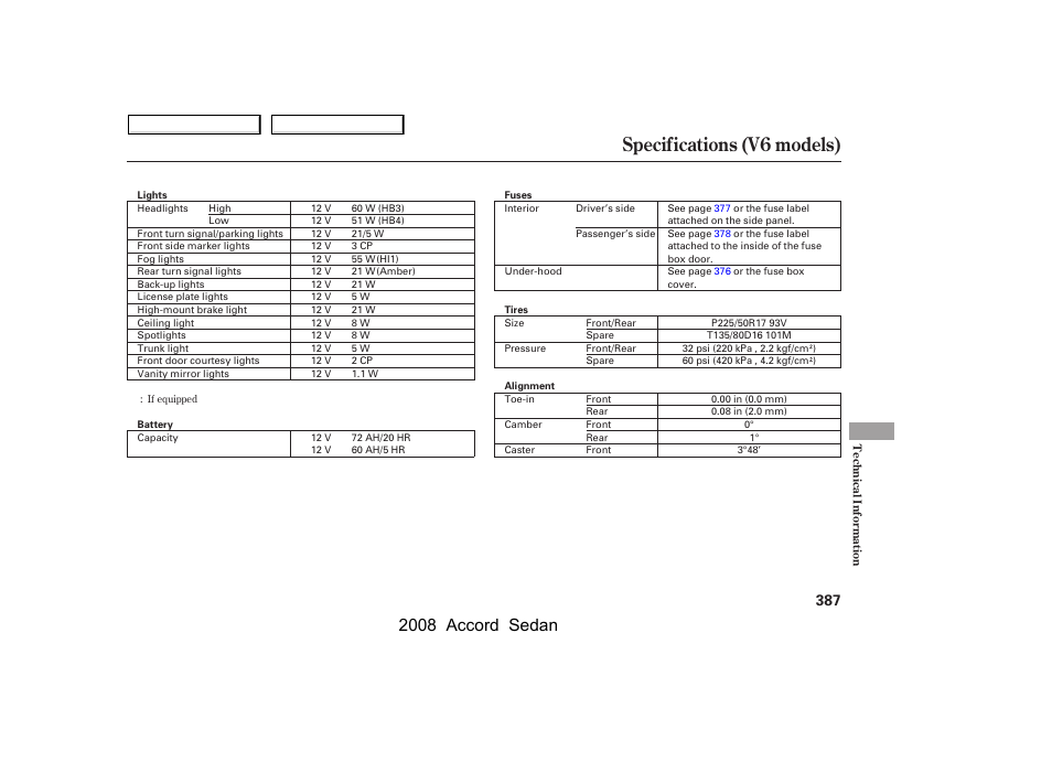 Specifications (v6 models), 2008 accord sedan | HONDA 2008 Accord Sedan - Owner's Manual User Manual | Page 390 / 420