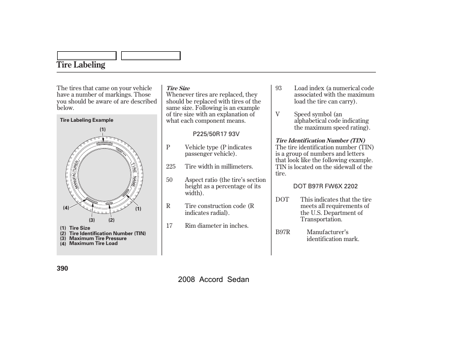 Tire labeling | HONDA 2008 Accord Sedan - Owner's Manual User Manual | Page 393 / 420