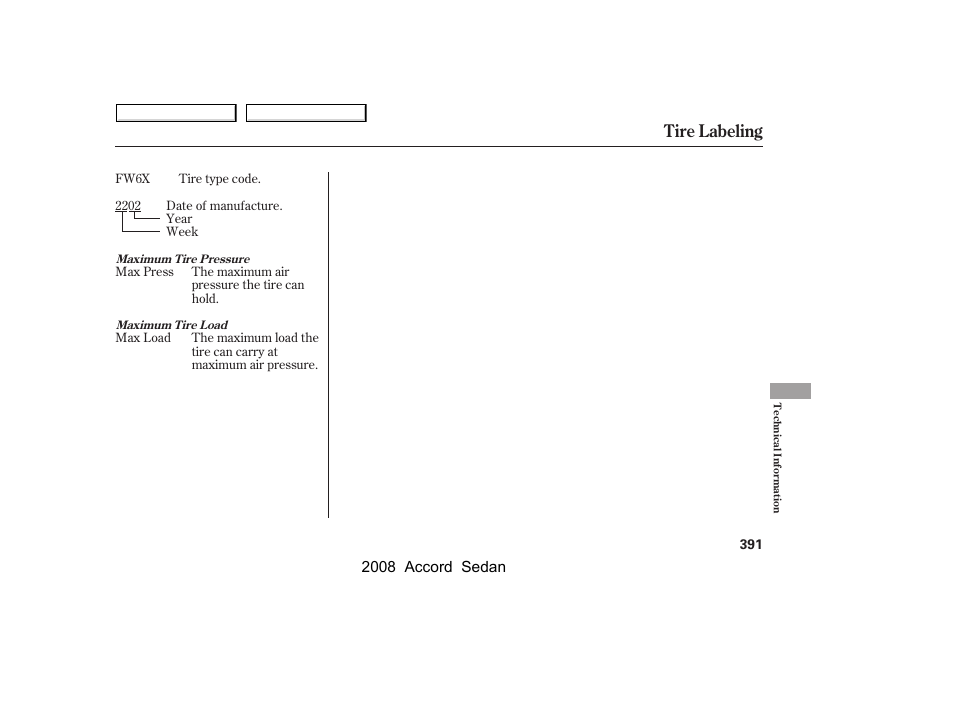 Tire labeling | HONDA 2008 Accord Sedan - Owner's Manual User Manual | Page 394 / 420