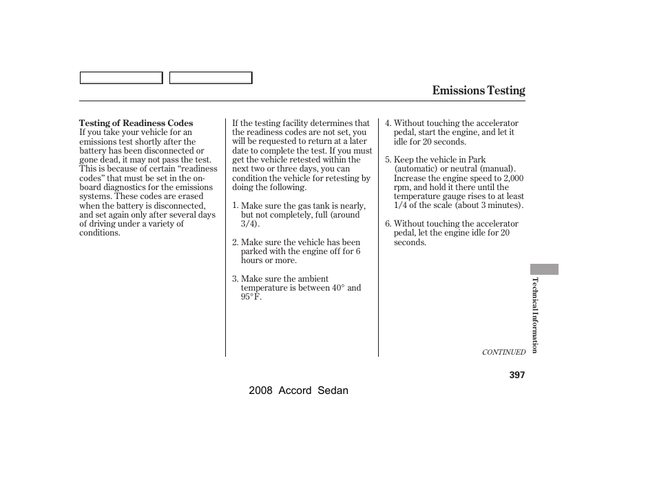 Emissions testing | HONDA 2008 Accord Sedan - Owner's Manual User Manual | Page 400 / 420