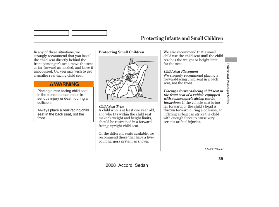 Protecting infants and small children, 2008 accord sedan | HONDA 2008 Accord Sedan - Owner's Manual User Manual | Page 42 / 420