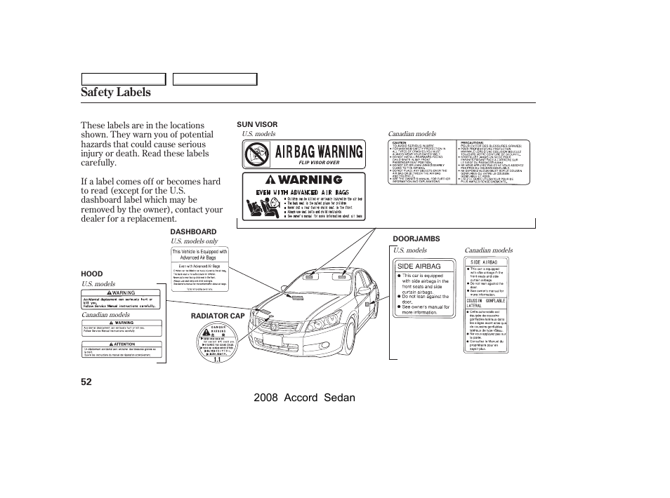 Safety labels, 2008 accord sedan | HONDA 2008 Accord Sedan - Owner's Manual User Manual | Page 55 / 420