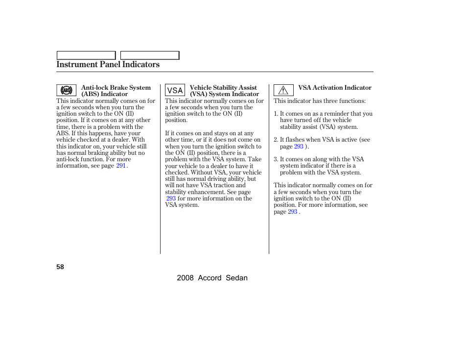 Instrument panel indicators | HONDA 2008 Accord Sedan - Owner's Manual User Manual | Page 61 / 420