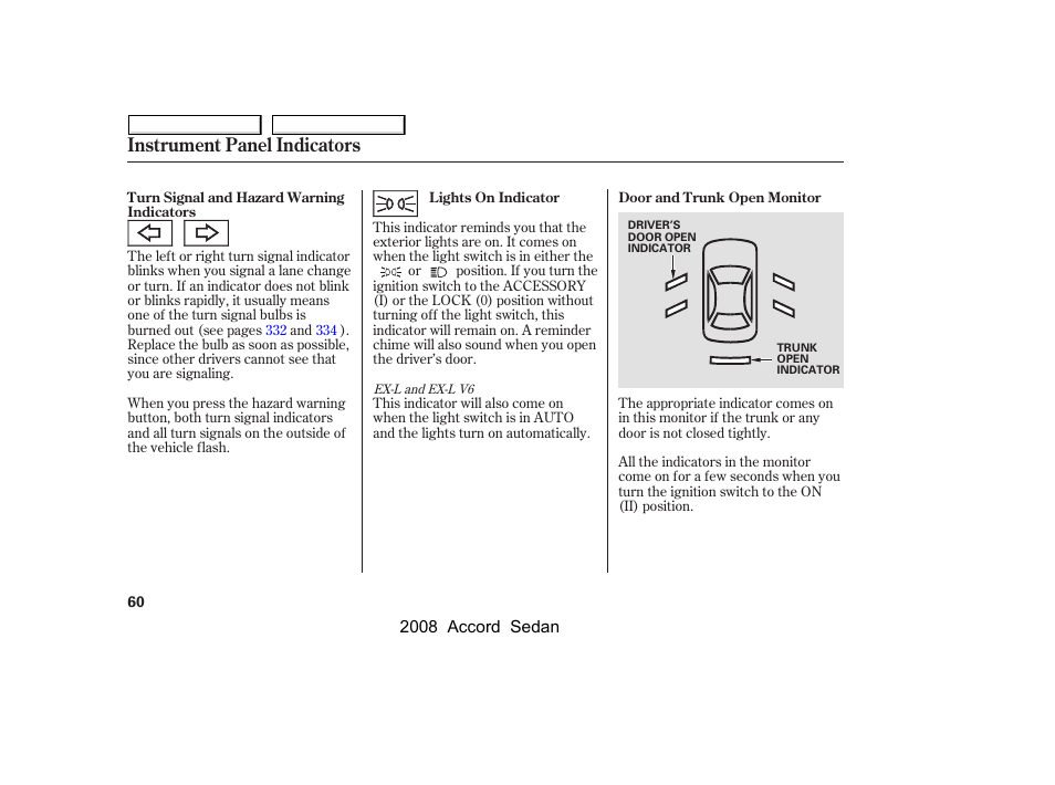 Instrument panel indicators | HONDA 2008 Accord Sedan - Owner's Manual User Manual | Page 63 / 420