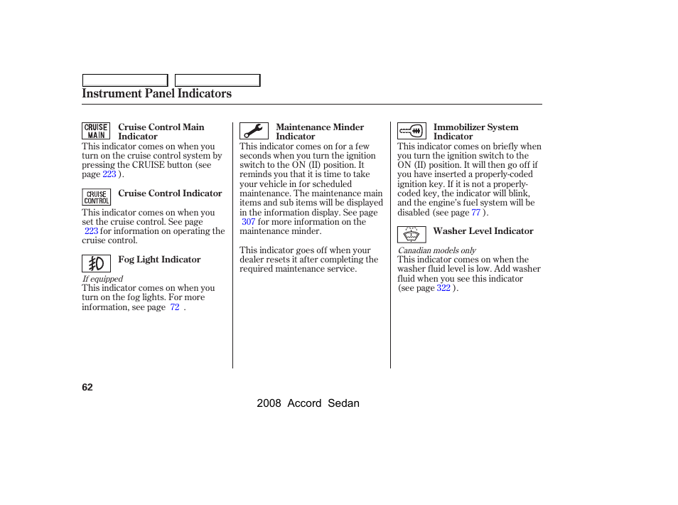 Instrument panel indicators | HONDA 2008 Accord Sedan - Owner's Manual User Manual | Page 65 / 420