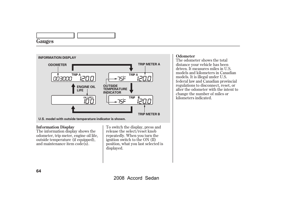 Gauges, 2008 accord sedan | HONDA 2008 Accord Sedan - Owner's Manual User Manual | Page 67 / 420