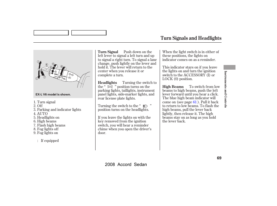 Turn signals and headlights | HONDA 2008 Accord Sedan - Owner's Manual User Manual | Page 72 / 420