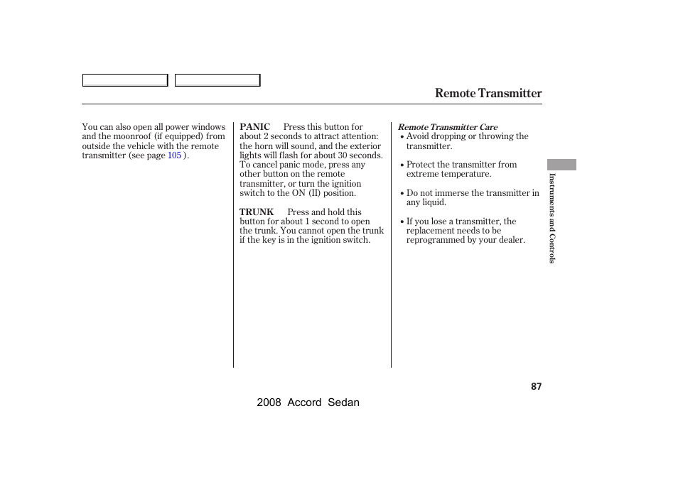 Remote transmitter, 2008 accord sedan | HONDA 2008 Accord Sedan - Owner's Manual User Manual | Page 90 / 420