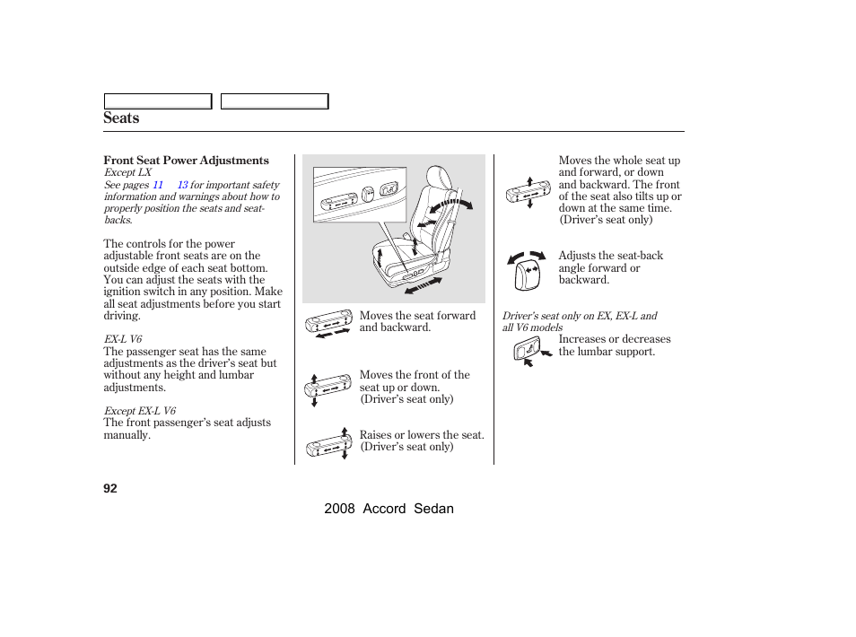 Seats | HONDA 2008 Accord Sedan - Owner's Manual User Manual | Page 95 / 420