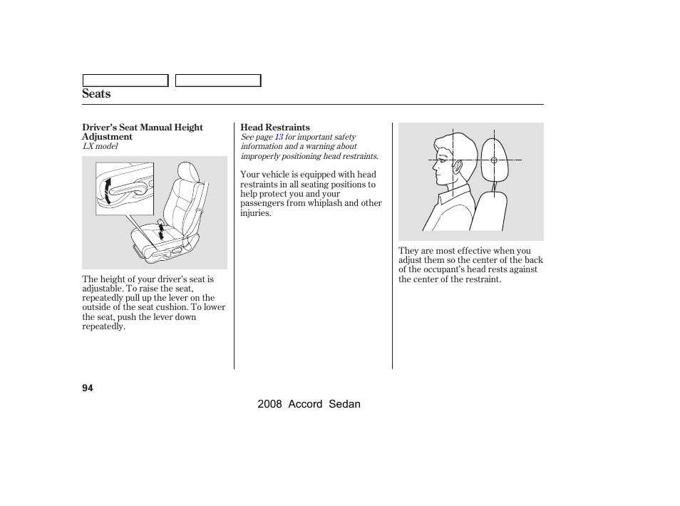 Seats | HONDA 2008 Accord Sedan - Owner's Manual User Manual | Page 97 / 420