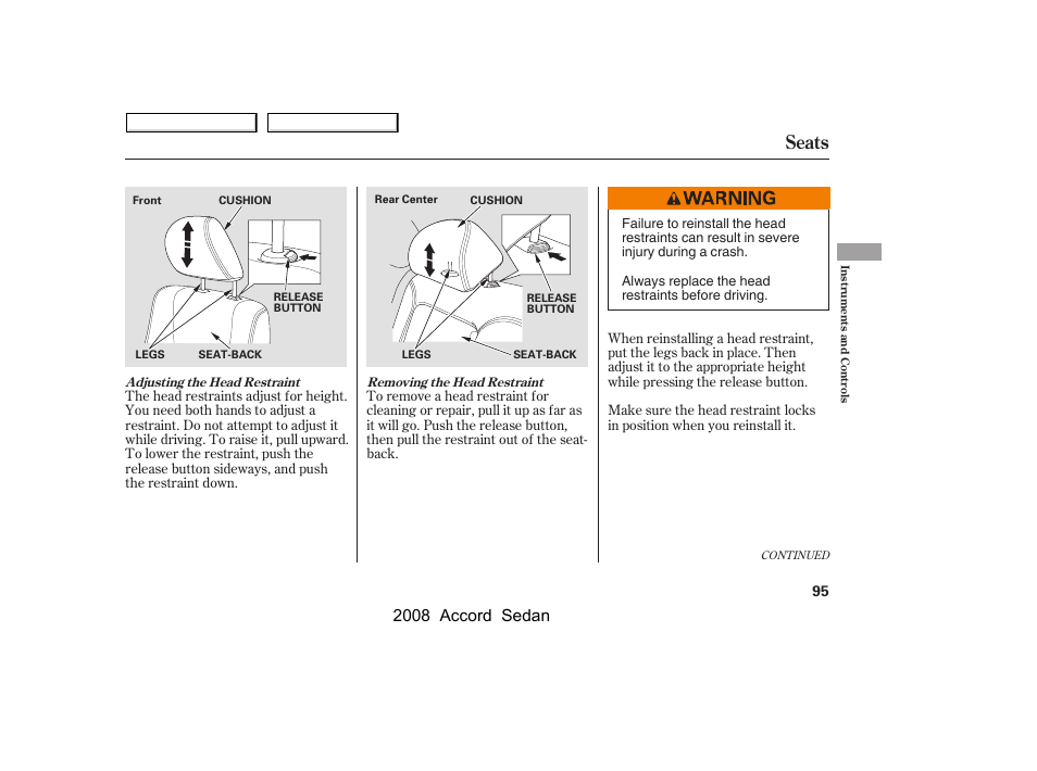 Seats, 2008 accord sedan | HONDA 2008 Accord Sedan - Owner's Manual User Manual | Page 98 / 420