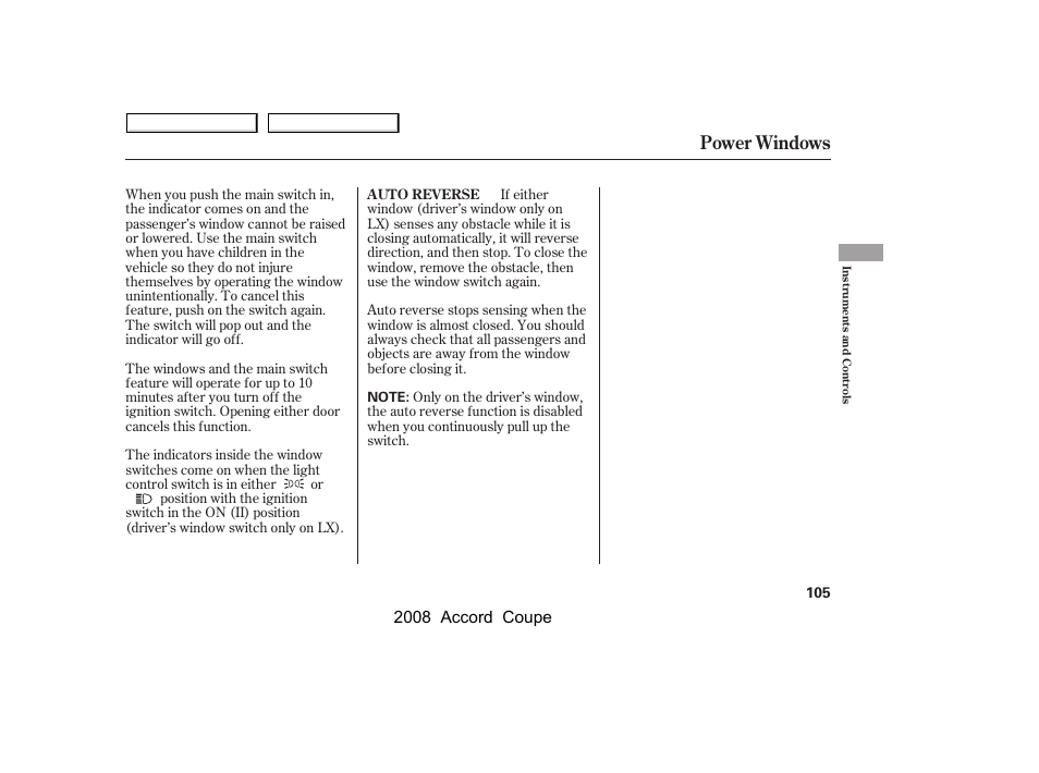 Power windows, 2008 accord coupe | HONDA 2008 Accord Coupe - Owner's Manual User Manual | Page 108 / 412