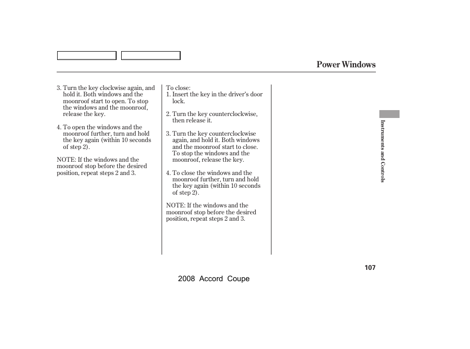 Power windows, 2008 accord coupe | HONDA 2008 Accord Coupe - Owner's Manual User Manual | Page 110 / 412