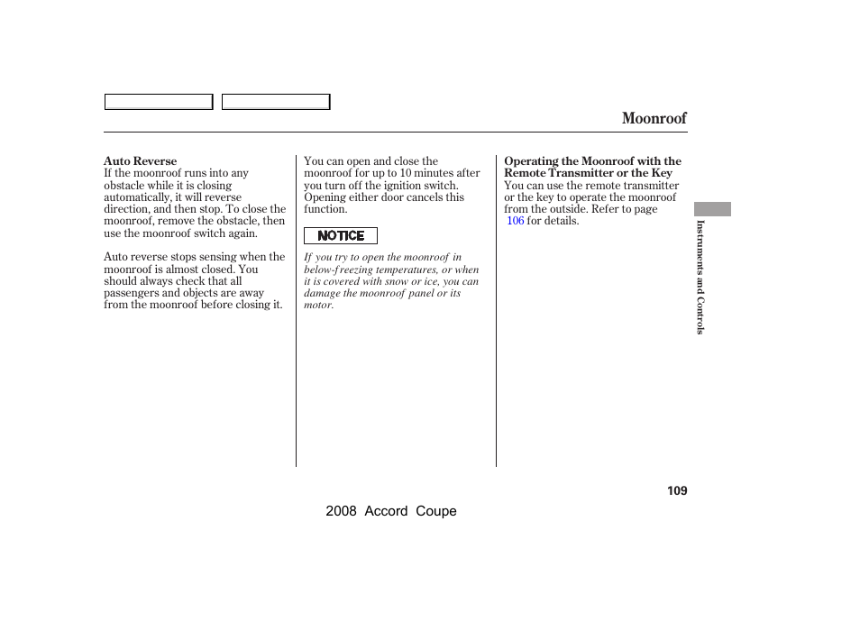 Moonroof, 2008 accord coupe | HONDA 2008 Accord Coupe - Owner's Manual User Manual | Page 112 / 412