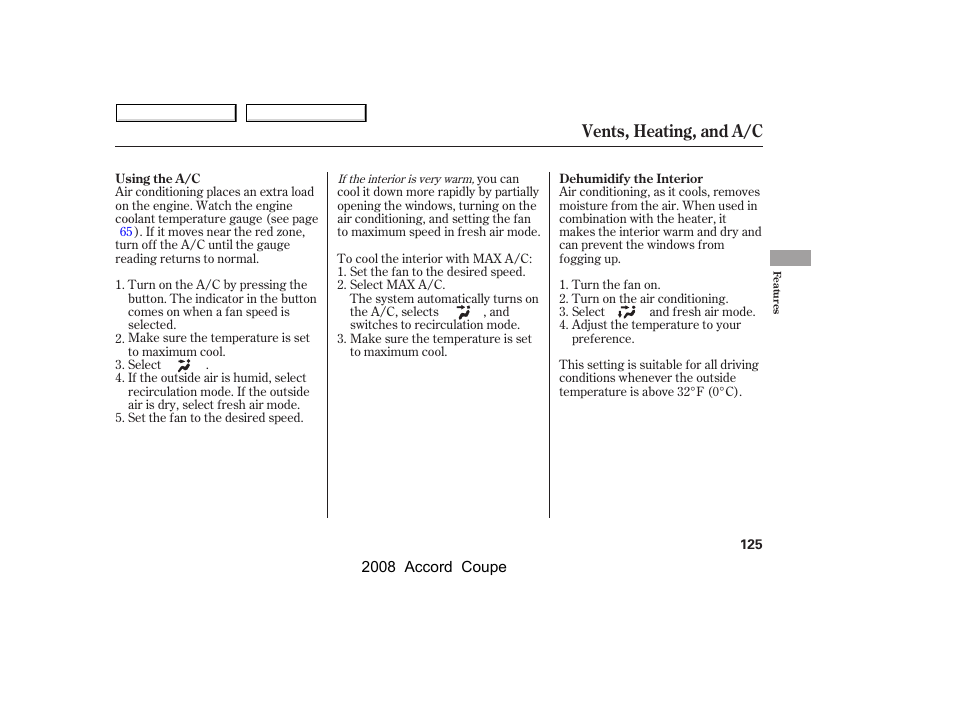 Vents, heating, and a/c | HONDA 2008 Accord Coupe - Owner's Manual User Manual | Page 128 / 412