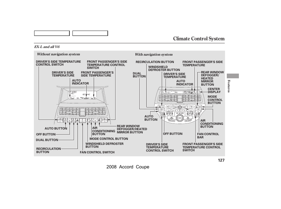 Climate control system, 2008 accord coupe | HONDA 2008 Accord Coupe - Owner's Manual User Manual | Page 130 / 412