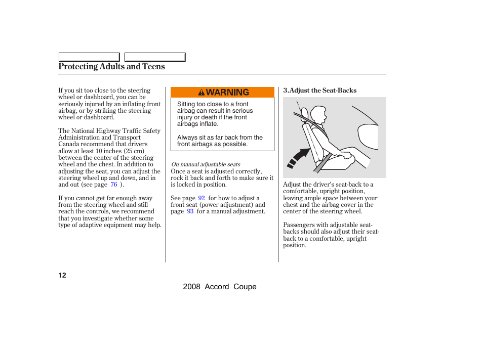 Protecting adults and teens | HONDA 2008 Accord Coupe - Owner's Manual User Manual | Page 15 / 412