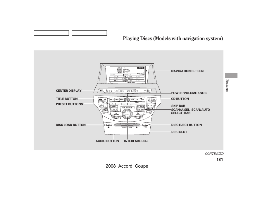 Playing discs (models with navigation system), 2008 accord coupe | HONDA 2008 Accord Coupe - Owner's Manual User Manual | Page 184 / 412