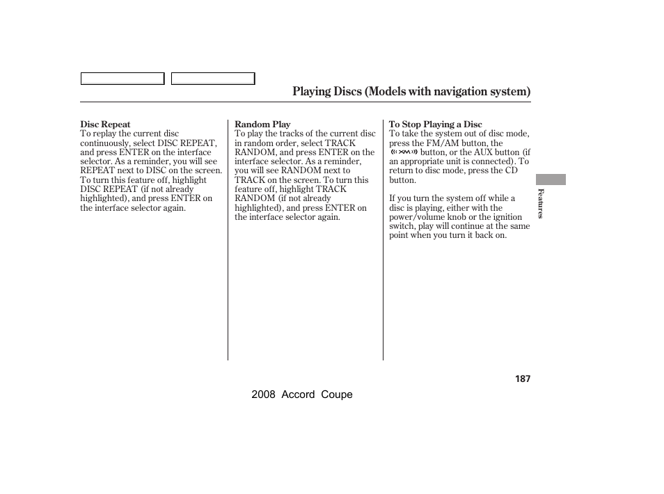 Playing discs (models with navigation system) | HONDA 2008 Accord Coupe - Owner's Manual User Manual | Page 190 / 412