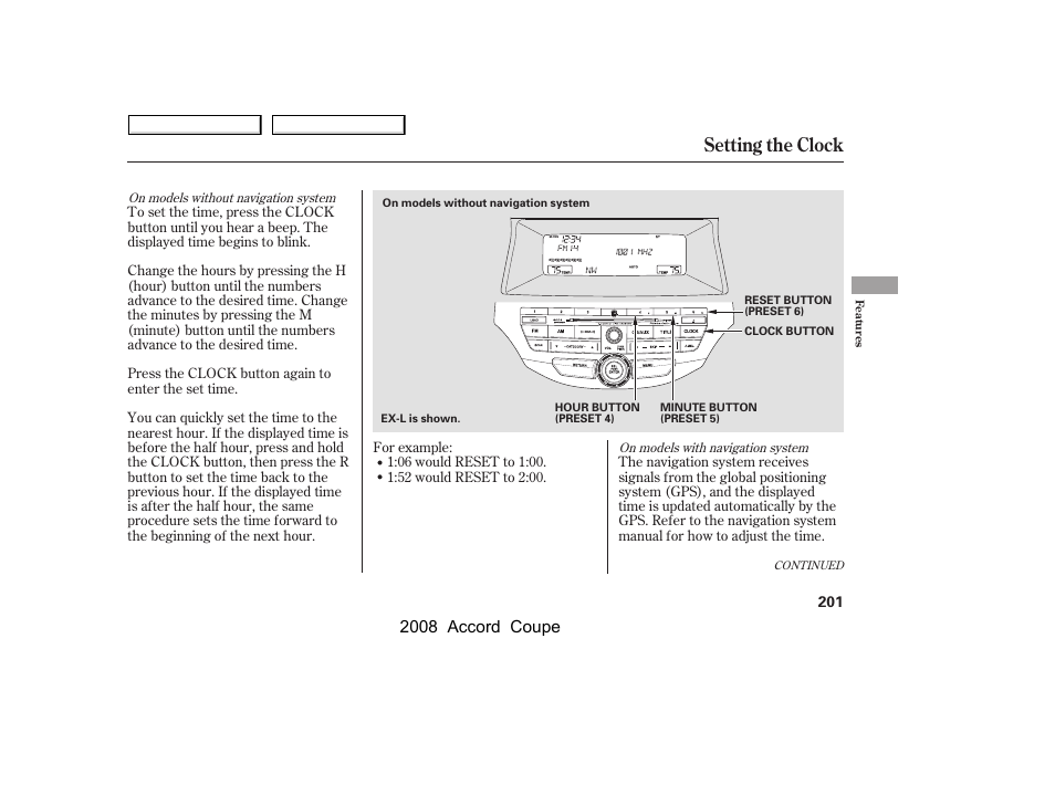 Setting the clock, 2008 accord coupe | HONDA 2008 Accord Coupe - Owner's Manual User Manual | Page 204 / 412