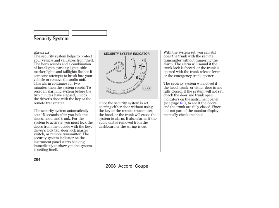 Security system | HONDA 2008 Accord Coupe - Owner's Manual User Manual | Page 207 / 412