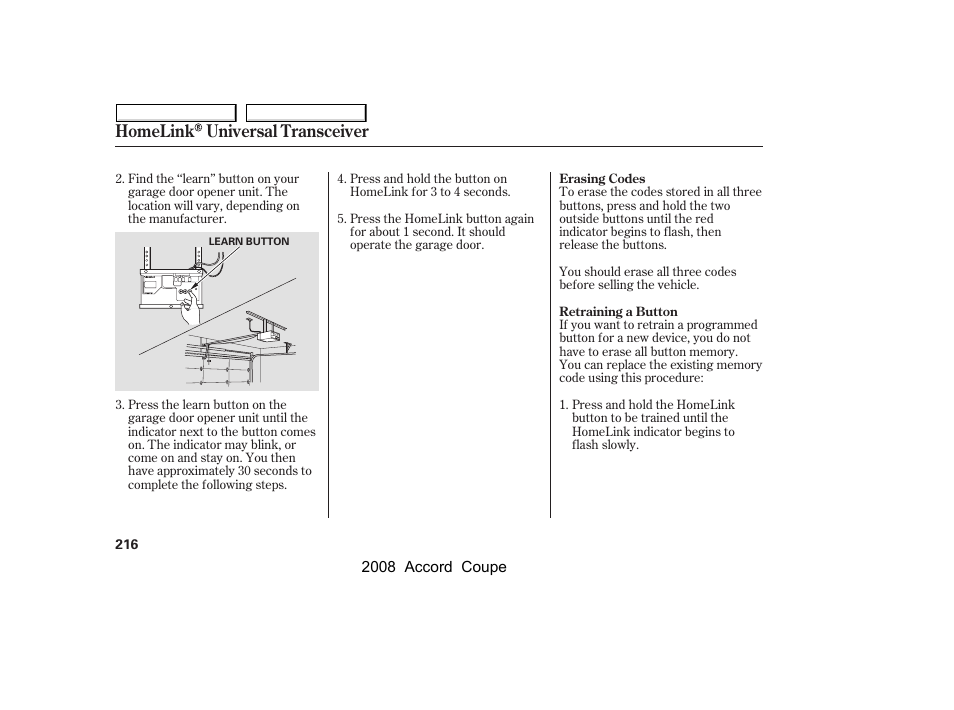 Homelink universal transceiver | HONDA 2008 Accord Coupe - Owner's Manual User Manual | Page 219 / 412