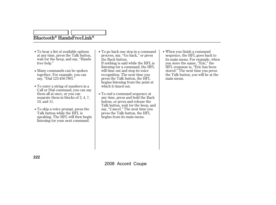 Bluetooth handsfreelink | HONDA 2008 Accord Coupe - Owner's Manual User Manual | Page 225 / 412