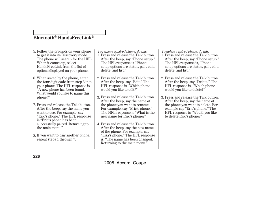 Bluetooth handsfreelink | HONDA 2008 Accord Coupe - Owner's Manual User Manual | Page 229 / 412